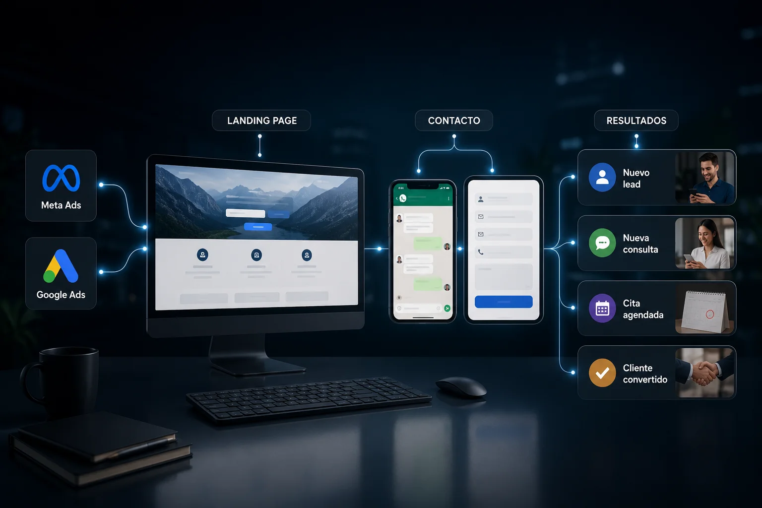 Flujo de conversión de landing page con anuncios, formulario y WhatsApp para captar clientes en Bucaramanga