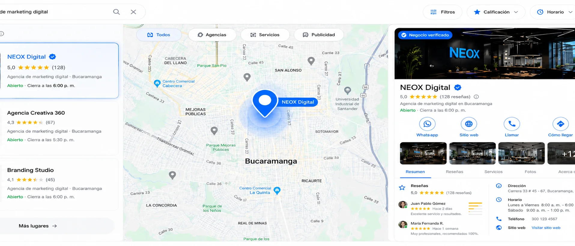 Resultado destacado de visibilidad local en Google Maps para un negocio en Bucaramanga